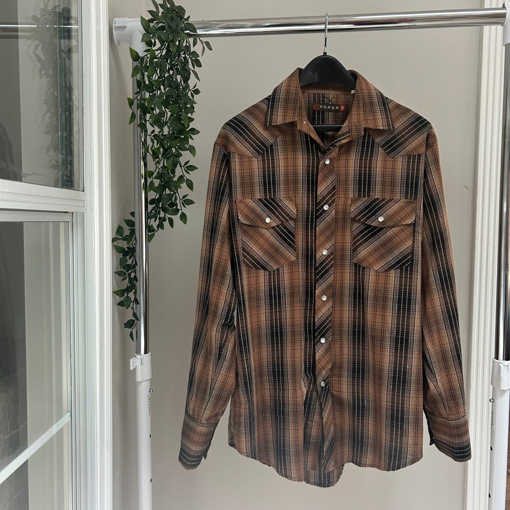 Gently Used Roper Mens Brown Plaid Pearl Snap Western Long Sleeve Shirt Size M